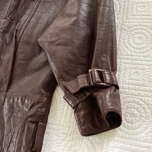 Vintage Brown Leather Jacket With Buckle Cuffs & Zipper Closure 80s - Picture 5 of 16